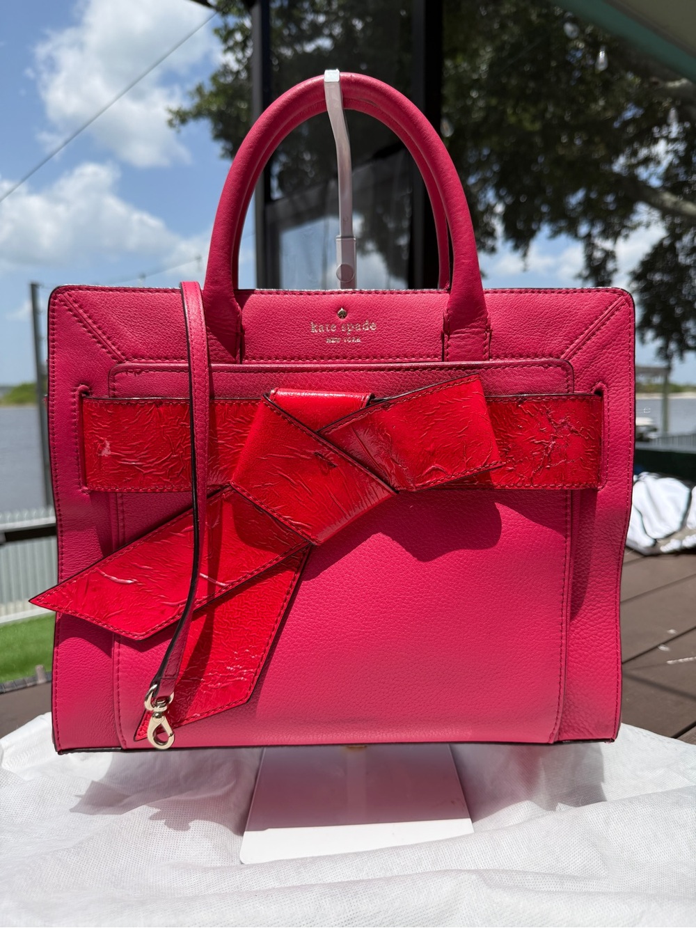Kate Spade New York Pink Leather Satchel with Oversized Bow and shoulder strap